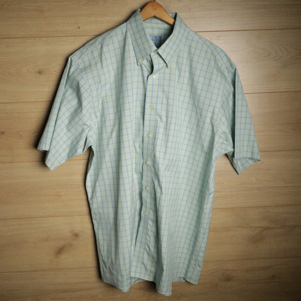 JOS A BANK Mens Short Sleeve Button Down Shirt Light Blue Yellow Plaid Cotton L‎